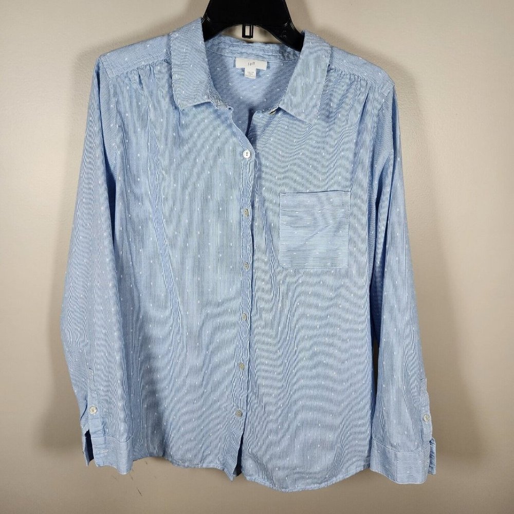 J Jill Top Womens L Blue Long Sleeve Button Up Cotton Polka Dot Embroidered
